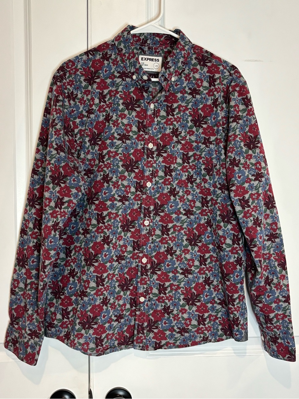 Express Burgundy Blue Floral Cotton Slim Soft Wash Button Down Casual Shirt L